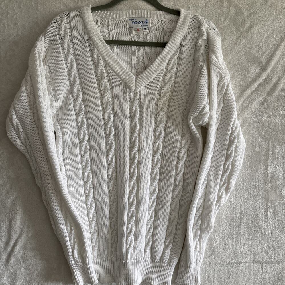 Vintage Deans of Scotland Shetland Cotton Sweater M White Cable Knit Tenniscore